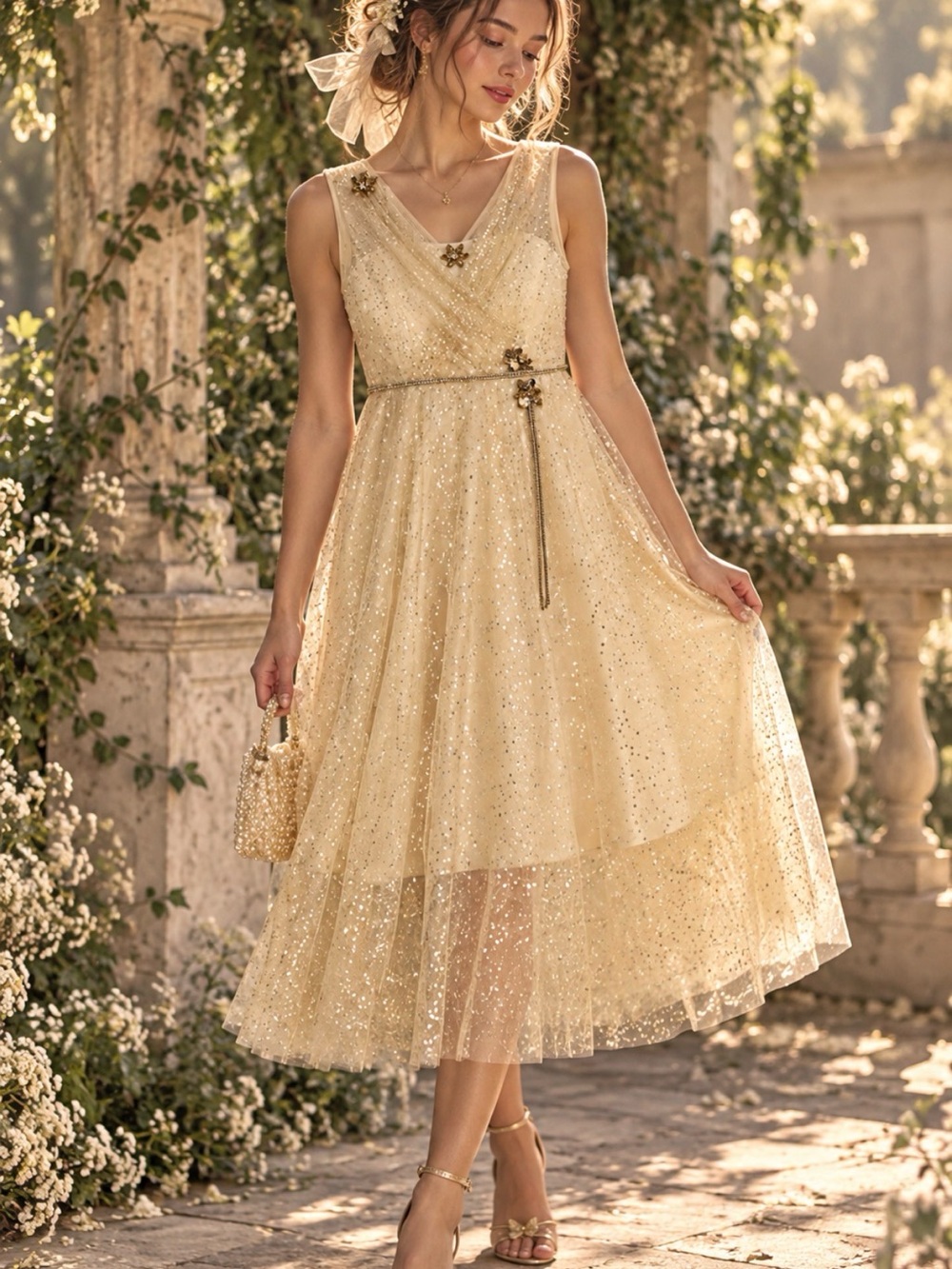 Queenia Gold Sequin Embellished Tulle Midi Dress Balletcore Fairycore Celestial